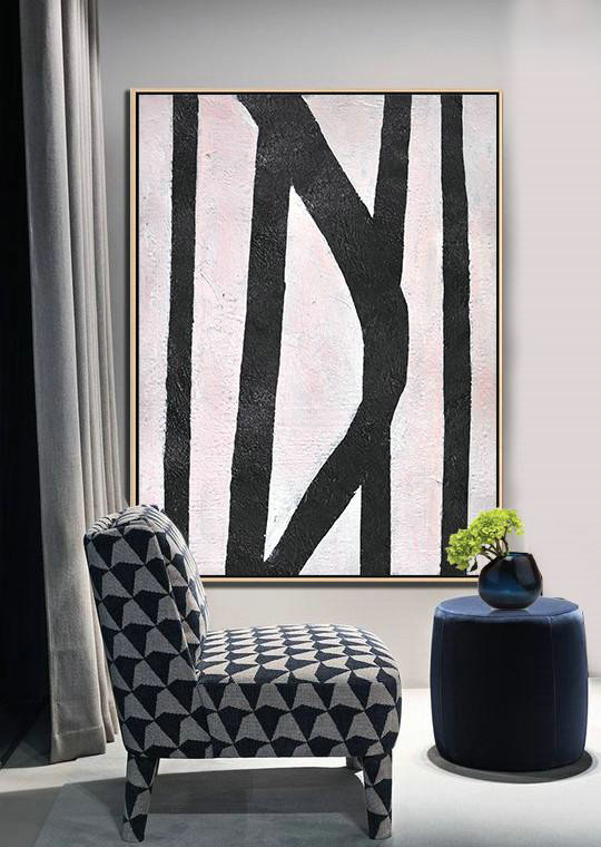 Oversized Canvas Art On Canvas,Hand-Painted Black And White Minimal Painting On Canvas,Hand-Painted Canvas Art